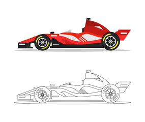 Formula 1 racing car isolated on white background. Colorful and black and white cartoon Formula 1 racing car for coloring book. Coloring book for children. Vector stock