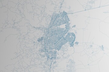 Map of the streets of Cali (Colombia) made with blue lines on white paper. 3d render, illustration
