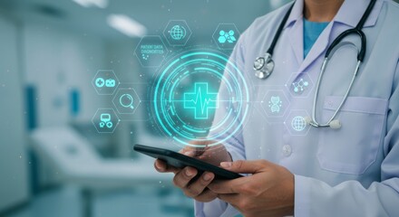 Doctor using tablet with digital health interface