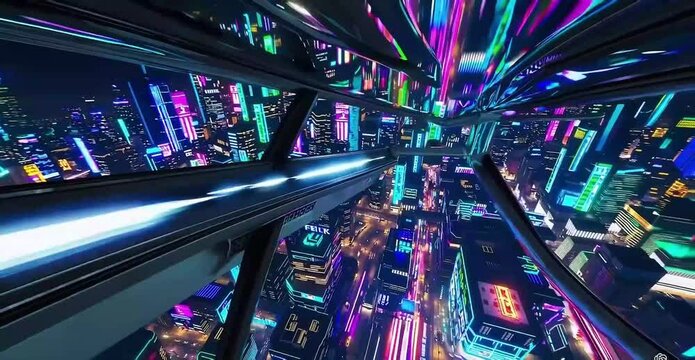 Neon Fly-Car Sky-Traffic Over Shanghai Smart-City River-Ai generated 