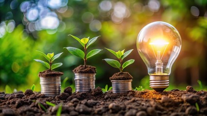Seedlings growing from coins next to a glowing light bulb, symbolizing green energy and sustainable growth.