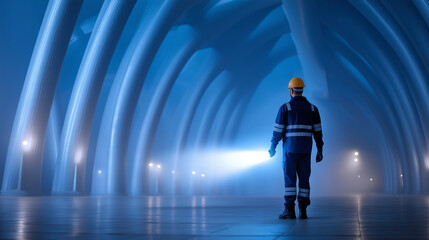 Fototapeta premium Security guard shining flashlight in dark turbine hall