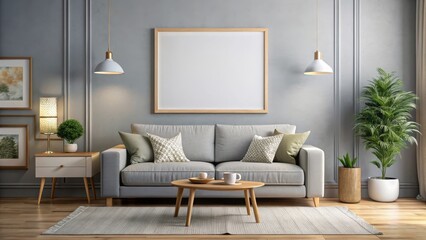 Modern living room with grey sofa, wooden table, plants, pendant lights, and minimalist decor in a cozy, stylish setting.