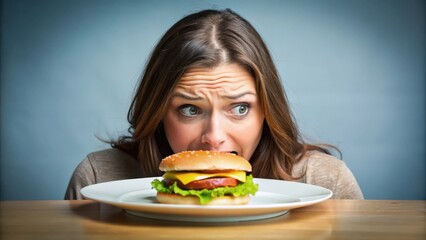 A woman looks anxiously at a cheeseburger on a plate in front of her, conveying hesitation or fear about eating it.
