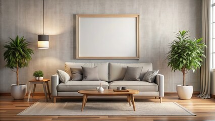A modern living room with a beige sofa, wooden coffee table, indoor plants, and a large blank frame on the wall.