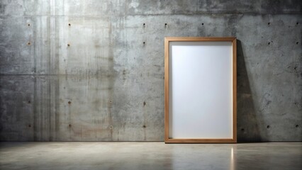 A blank wooden frame leans against a textured concrete wall in a minimal, industrial-style room.