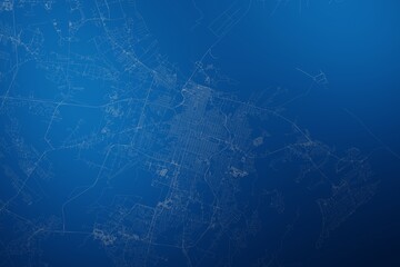 Fototapeta premium Stylized map of the streets of Savannah (Georgia, USA) made with white lines on abstract blue background lit by two lights. Top view. 3d render, illustration