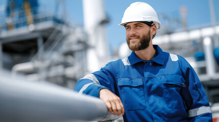 Guard on high catwalk monitoring industrial pipes and structures