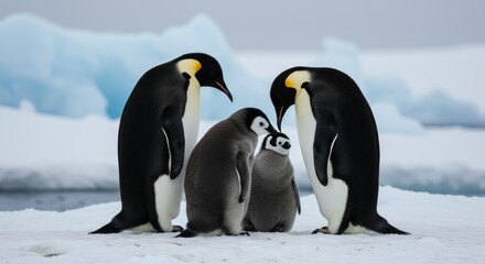 Obraz premium Emperor penguin family huddled together on Antarctic ice, showcasing parental care