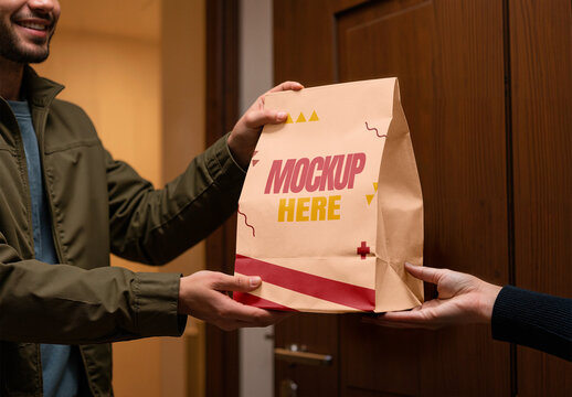 Food Delivery Person Handing Paper Bag Mockup