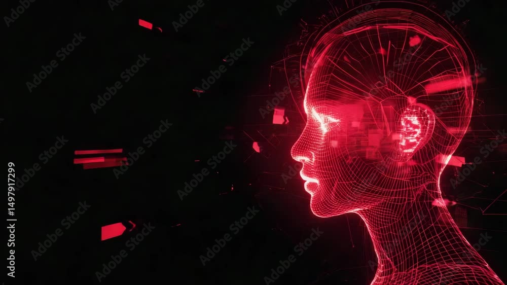 Poster red wireframe of a human head with digital elements on a black background, representing artificial i