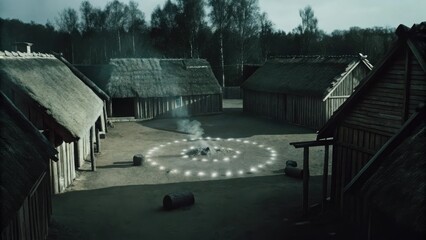 A smoky fire burns at the center of a rustic village courtyard, surrounded by a glowing circle of mysterious lights, with wooden thatched-roof houses and trees in the background.