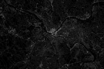 Stylized map of the streets of Pittsburgh (Pennsylvania, USA) made with white lines on black background. Top view. 3d render, illustration