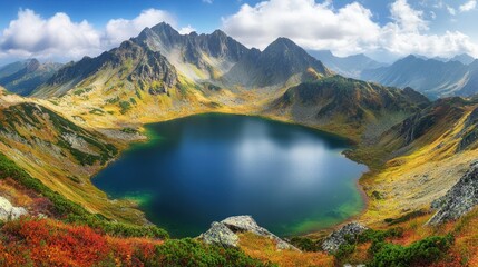 Obraz premium Breathtaking mountain lake landscape with vivid autumn colors and sky reflections