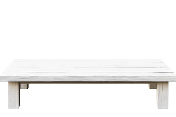 A low angle shot of a white wooden table with a black background highlighting its simple construction on transparent background