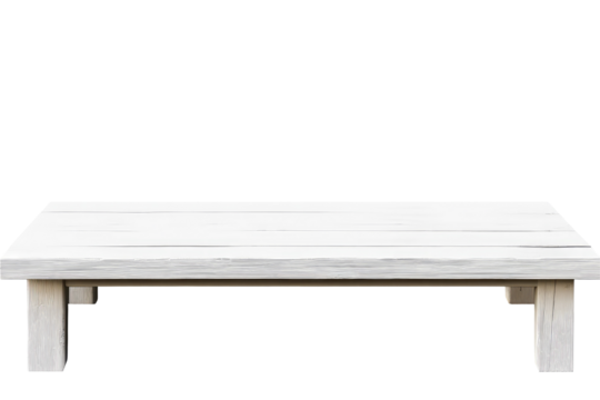 A low angle shot of a white wooden table with a black background highlighting its simple construction on transparent background