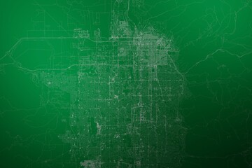 Map of the streets of Salt Lake City (Utah, USA) made with white lines on abstract green background lit by two lights. Top view. 3d render, illustration