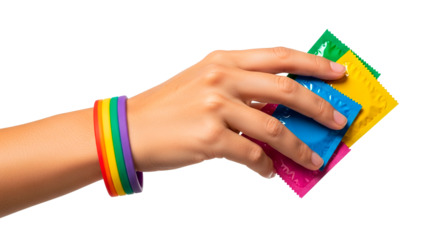 Hand with a rainbow bracelet holds various colorful condoms on a transparent background