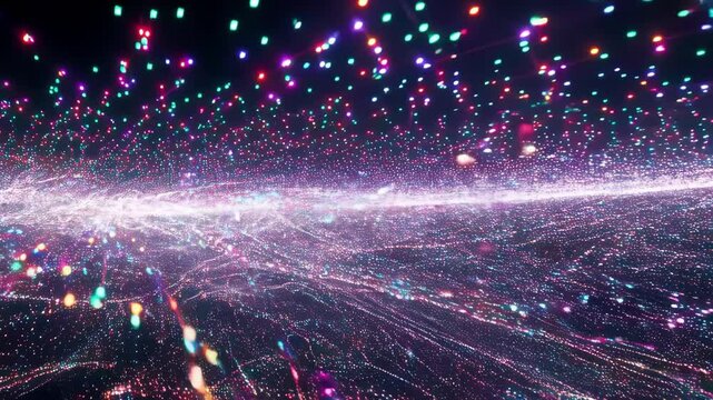 Abstract vibrant multicolored light particles forming a futuristic network or matrix, creating an immersive digital space.