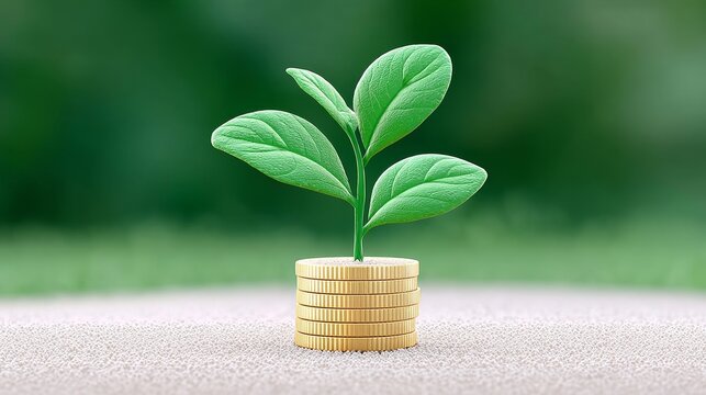 Transforming coin stack into green sprouting plant in nature conceptual growth image close-up view