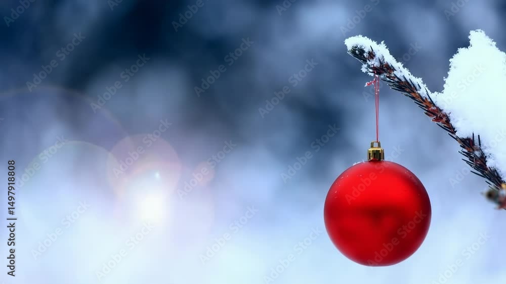 Poster a red ornament hangs from a snowy tree branch