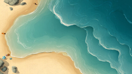 Fototapeta premium Aerial beach view with turquoise ocean waves and sandy shore summer vacation destination wallpaper art