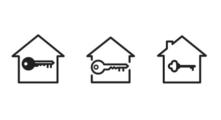 House with key icon. Rent symbol. Home key pictogram. Real estate symbol. Key house icon isolated on white background