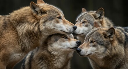 Obraz premium Four wolves huddle closely together. They have detailed fur and focused expressions in a natural setting