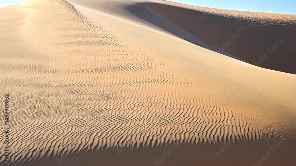 Poster desert sand dunes landscape showing textured wind blown patterns with light and shadows creating a m