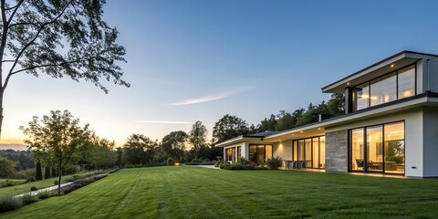 Modern luxury home sunset landscape design