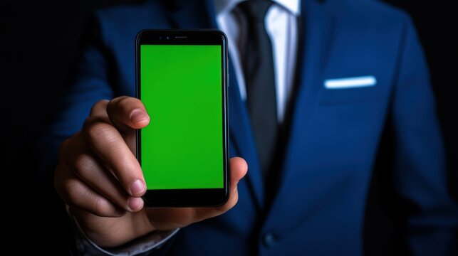 Man in suit holding phone with green screen, ideal for mobile app advertising.