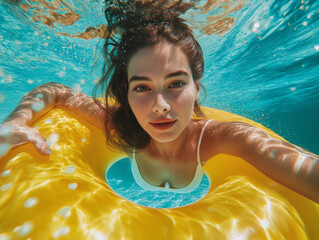 Woman Swimming Underwater with Yellow Inflatable Ring in Clear Pool. Perfect for Travel and Tourism Promotion