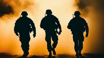 Group of soldiers marching through dense fog, possible military operation or training scenario