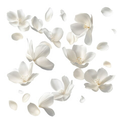 A scattered array of white flowers and petals floating against a stark black background creating contrast on transparent background