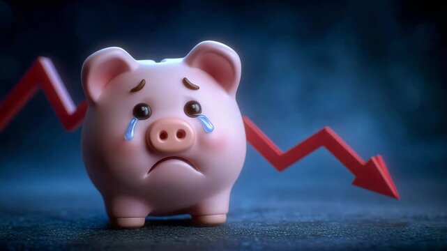 A sad piggy bank with tears stands beside a downward red graph arrow, symbolizing financial loss or economic downturn.