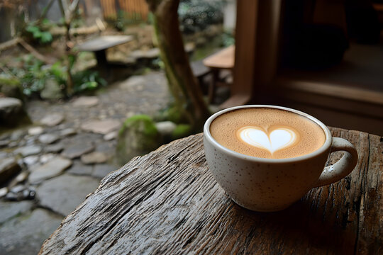 Close up of white coffee cup with heart shape latte art on wood table