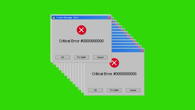 Computer error message animation on a green screen background