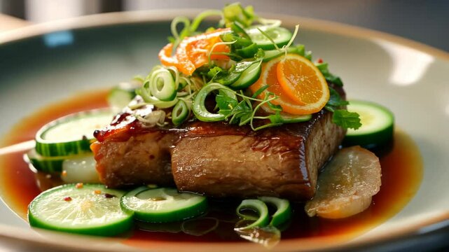 Buta Kakuni Japanese braised pork belly serve in white plate fine dining garnished with spring onion