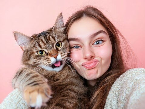 A teen girl taking a selfie with her cat, both making funny faces, set against a pastel pink background