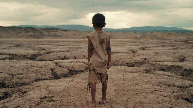 A barefoot child in tattered clothes stands in a dry, cracked landscape against a cloudy sky, symbolizing drought and climate change.