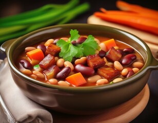Bohneneintopf mit Speck, Möhren und Sellerie in einer Bowl