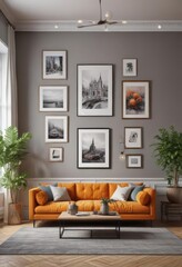 Stylish living room, mixed frame gallery wall, vibrant accents,  geometric,  sofa