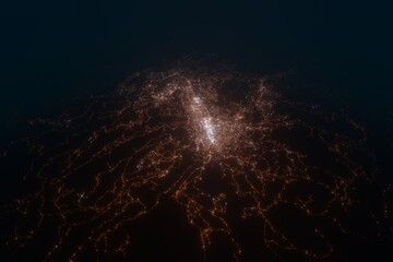 Aerial view on Sarajevo (Bosnia and Herzegovina) from east. Top view on modern city at night from space