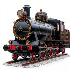 Classic black steam train with intricate gold decorations and red wheels on railway tracks, isolated on a white background.