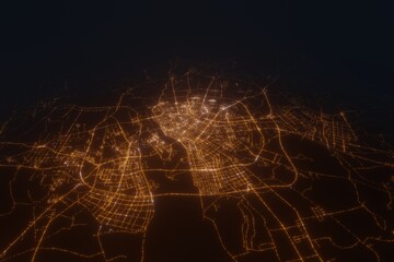 Aerial view on Harbin (China) from west. Top view on modern city at night from space