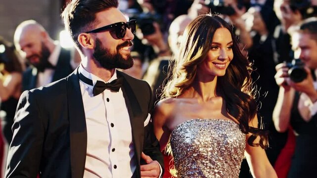 Glamorous arrival on red carpet: stylish couple in spotlight at celebrity event