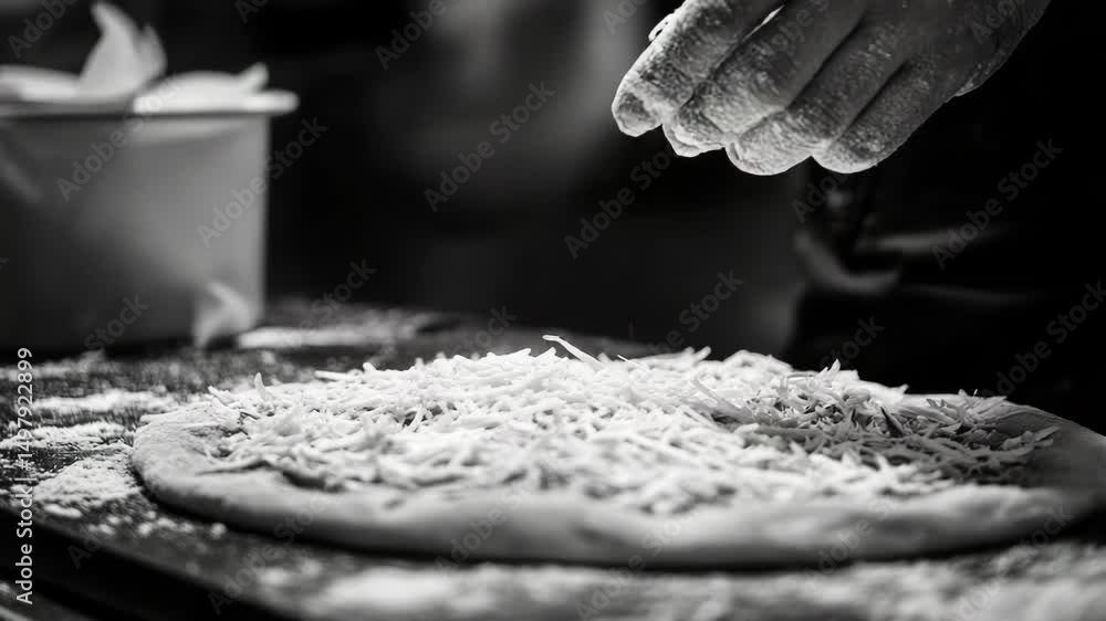 Poster A person adding cheese to a pizza