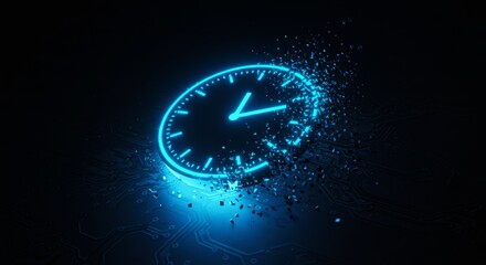 Glowing clock disperses into particles on a circuit board. Dark background