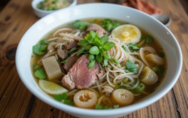 Vietnamese pho with rare beef, herbs, and lime, shallow depth of field- rustic wooden table setting