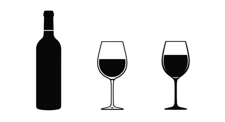 Set of wine bottle with wine glasses vector icons. Silhouette bottle and glass of wine vector. Alcohol glass icon